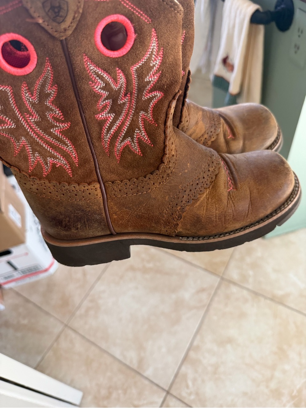 Ariat Brown Suede Kids Western Boots with Pink Embroidery